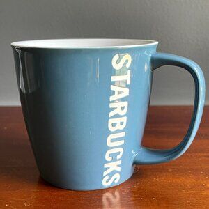 2010 Starbucks Blue Coffee Mug Vertical White Etched Logo Cup 14oz